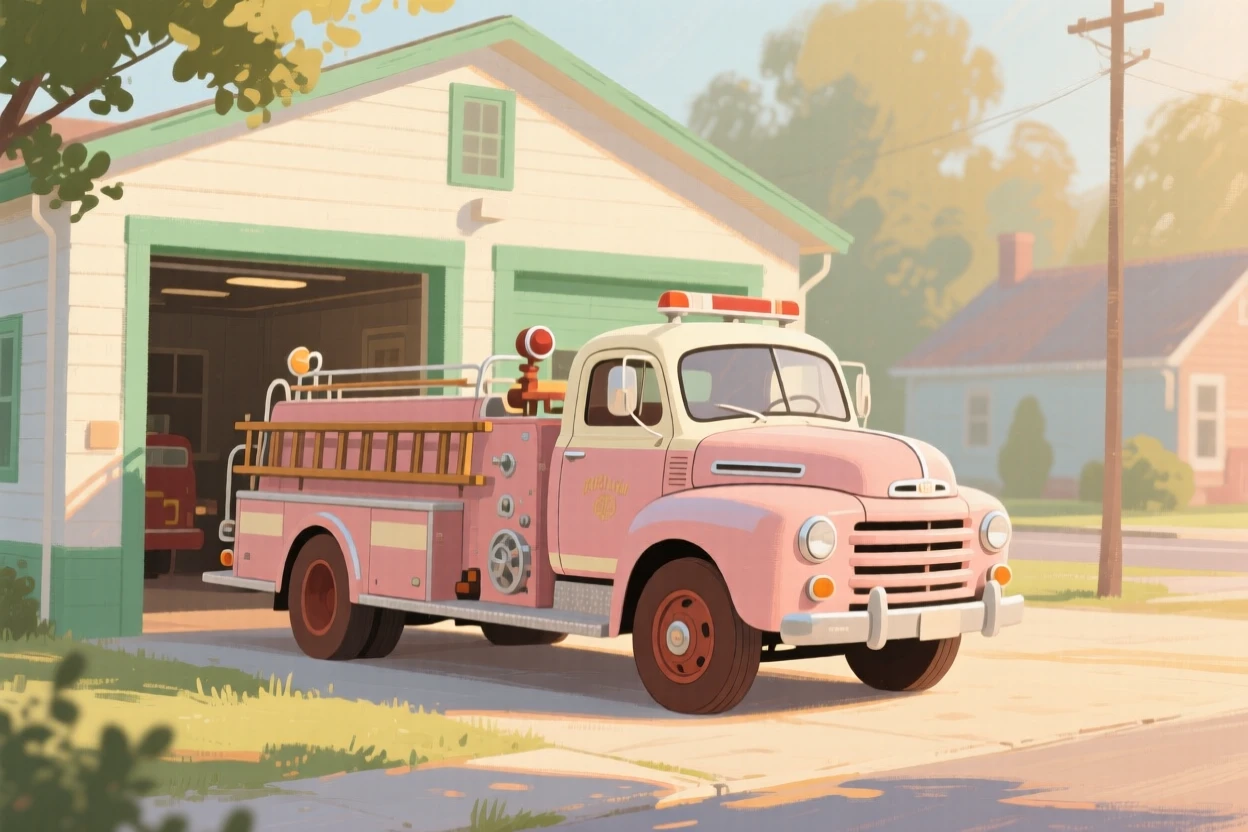 A vintage fire engine parked outside a small-town station