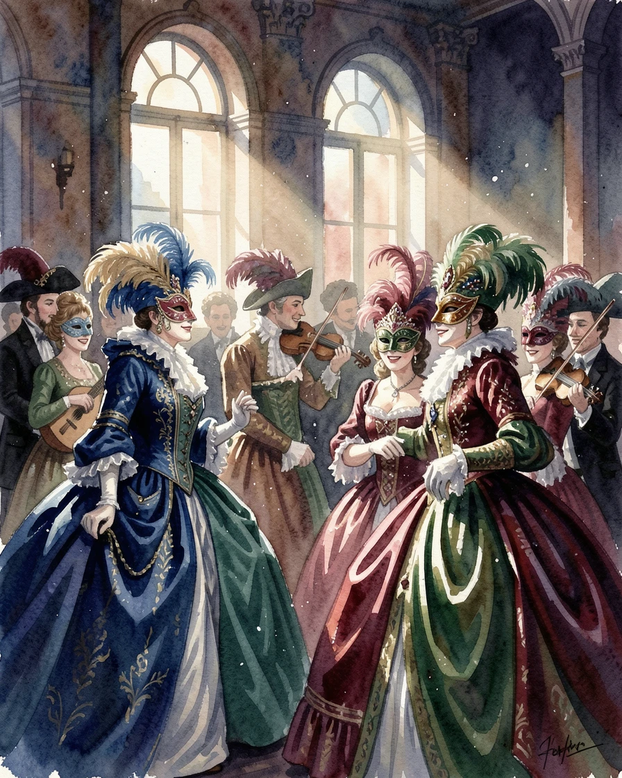 A Venetian masquerade ball with elaborate costumes with joyful music filling the air.