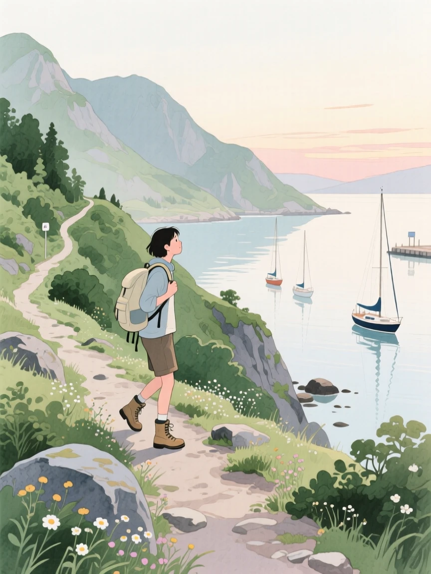 A peaceful scene of someone hiking a mountain trail beside a tranquil harbor, fully absorbed in a quiet, joyful moment
