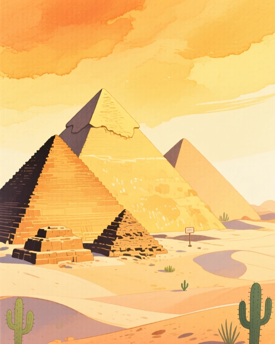 A memorable scene of the ancient pyramids glowing under a golden desert sky.
