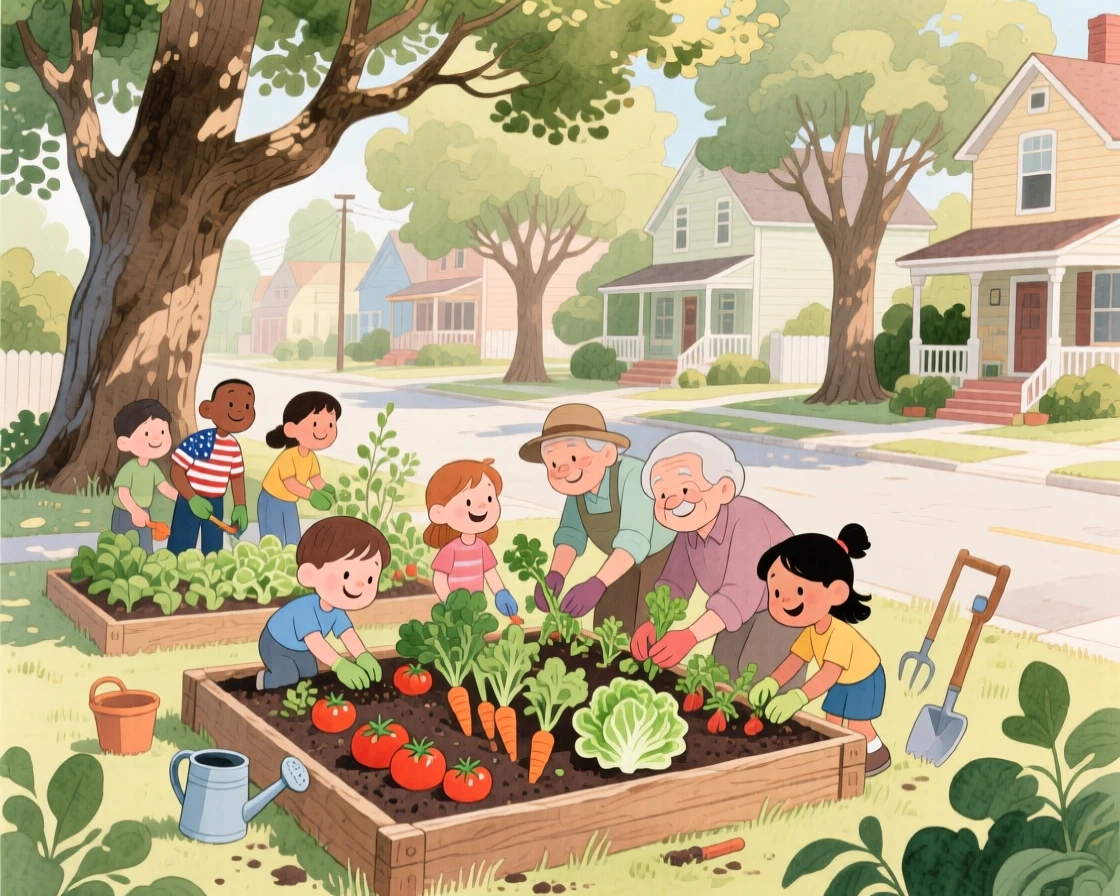 A community garden where children and elders plant vegetables side by side, on a quiet street lined with old oak trees, radiating kindness, hope, and heartfelt emotion.