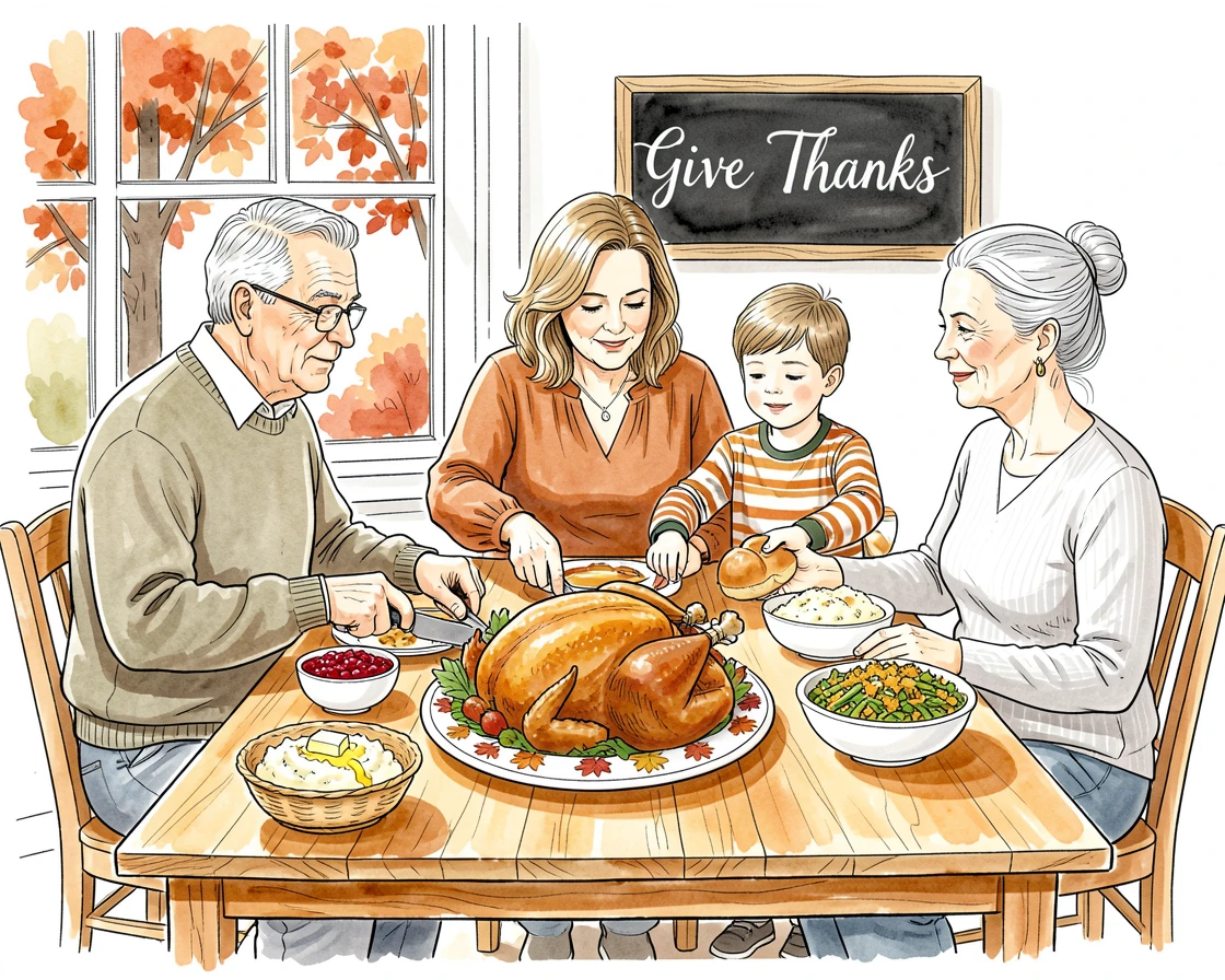 A family gathered around a Thanksgiving table piled high with a roasted turkey and seasonal dishes