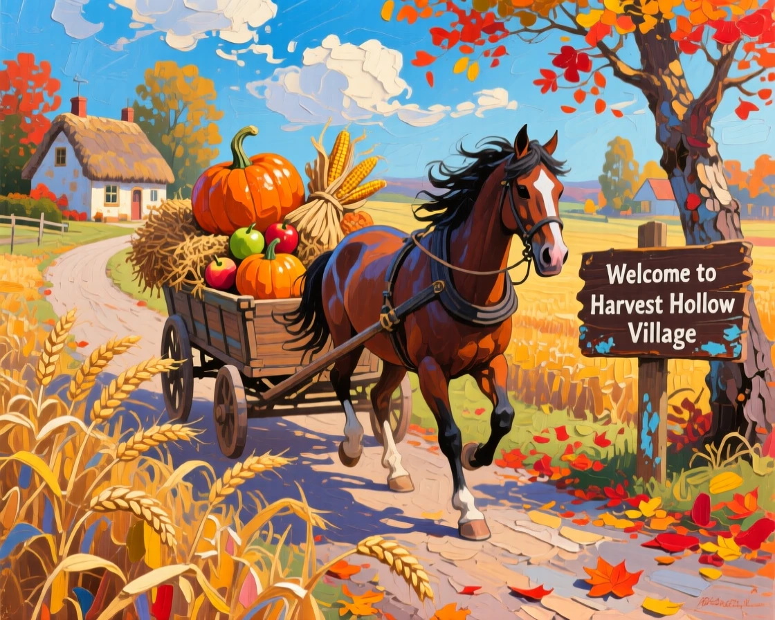 a horse-drawn cart approaching a village, during harvest season, with a clear foreground, subject, and distant setting.