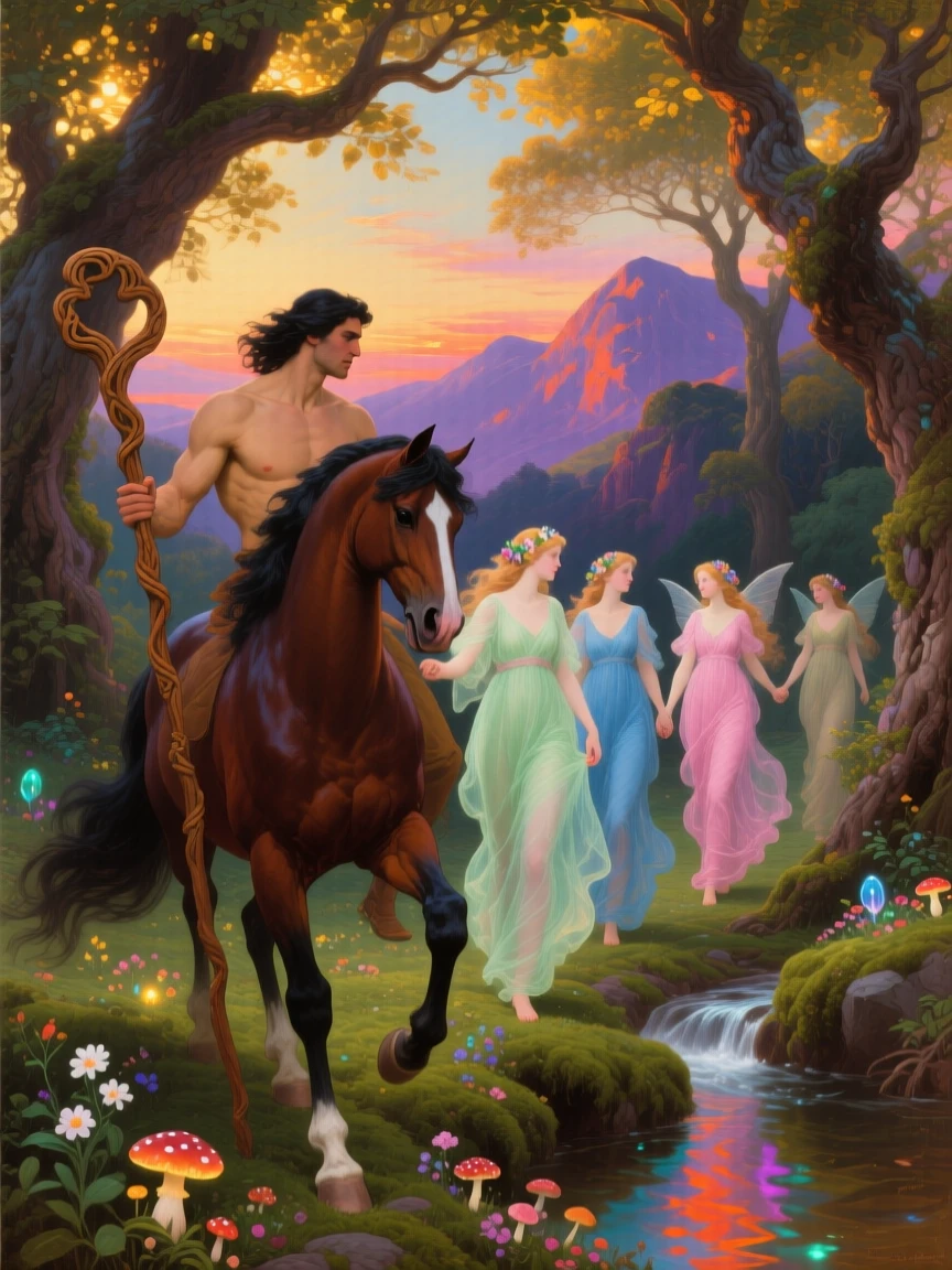 A centaur leads a group of nymphs through an enchanted forest.