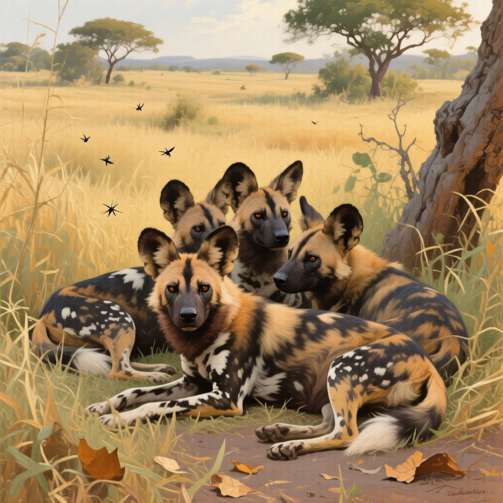 A pack of African wild dogs resting together in tall golden grass, surrounded by the untouched beauty of its natural habitat, capturing a rare and intimate glimpse into wild life