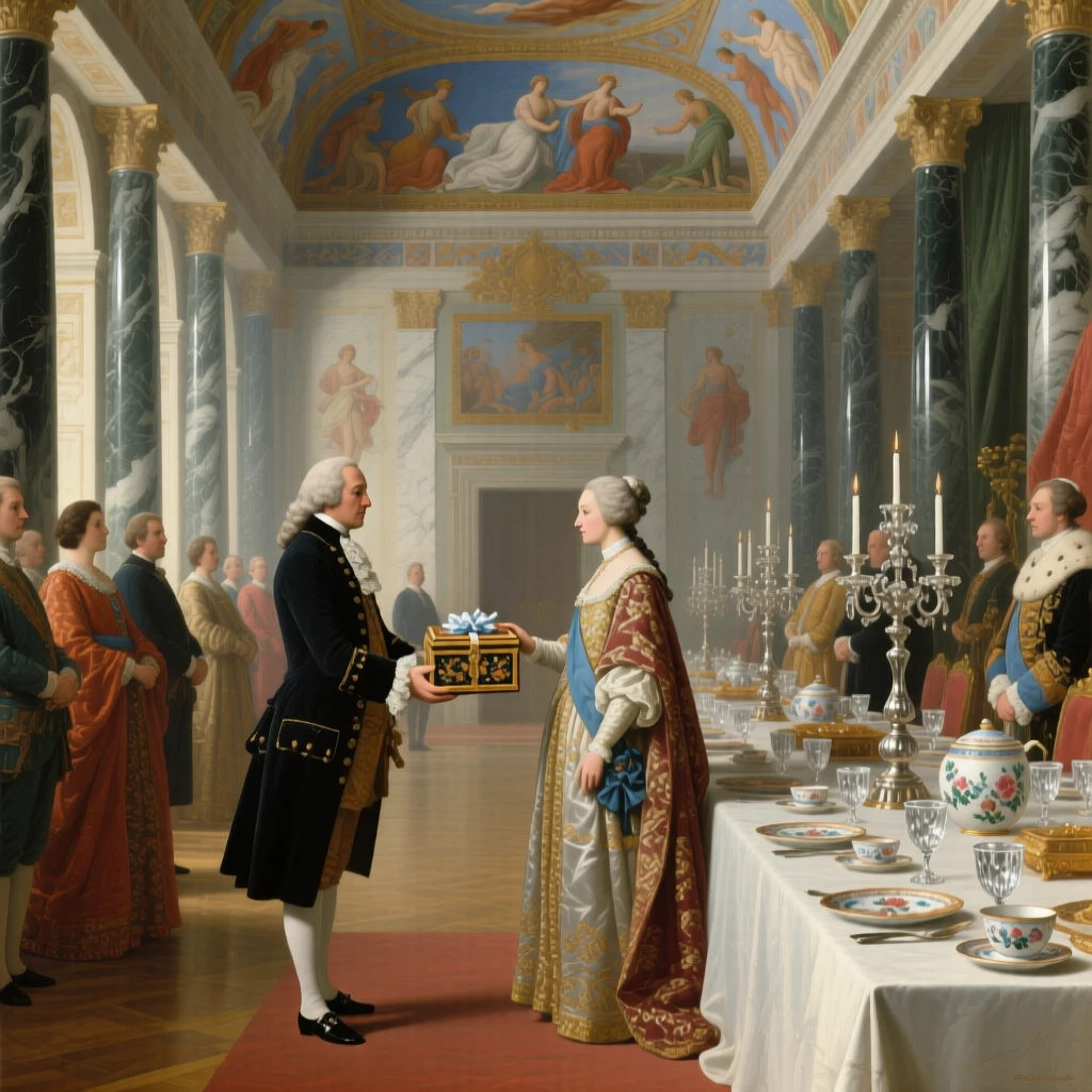 An ambassador presenting a gift at a lavish state reception in a moment of quiet, practiced grace, set in a frescoed reception hall lined with marble columns, with fine china, crystal goblets, and candelabras adorning the table; the composition arranges figures in a graceful arc around the focal couple, filled with quiet ceremony and inherited dignity.