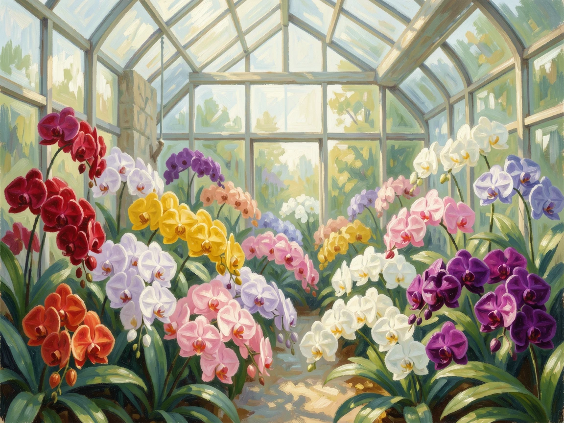 A greenhouse filled with orchids of every color, sunlight filtering through glass panels onto delicate petals.