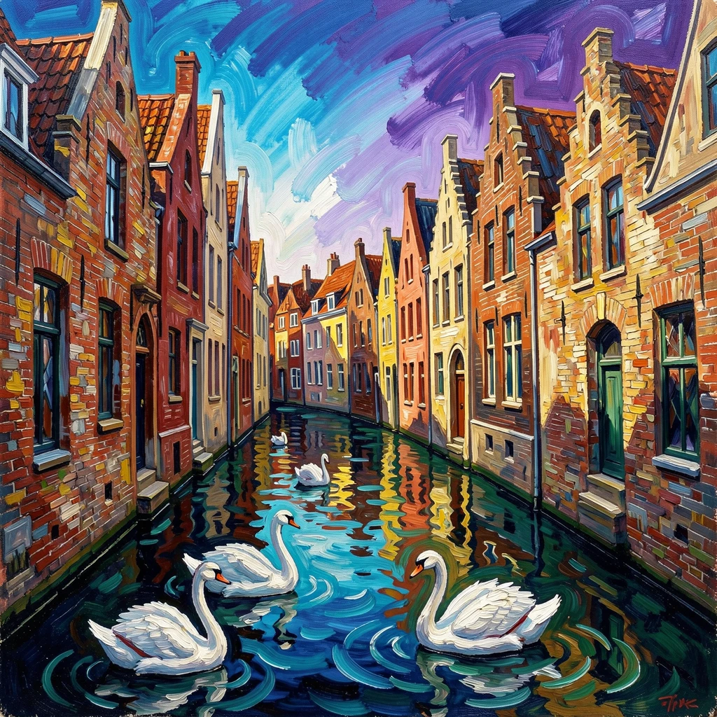 A narrow canal street in Bruges lined with medieval buildings and drifting swans.