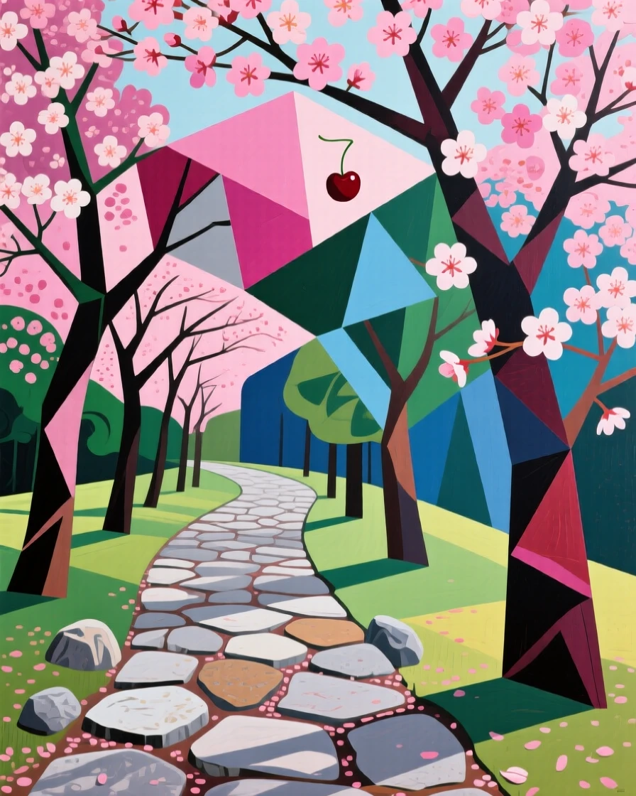 A cherry blossom grove in full bloom lining a quiet stone pathway.