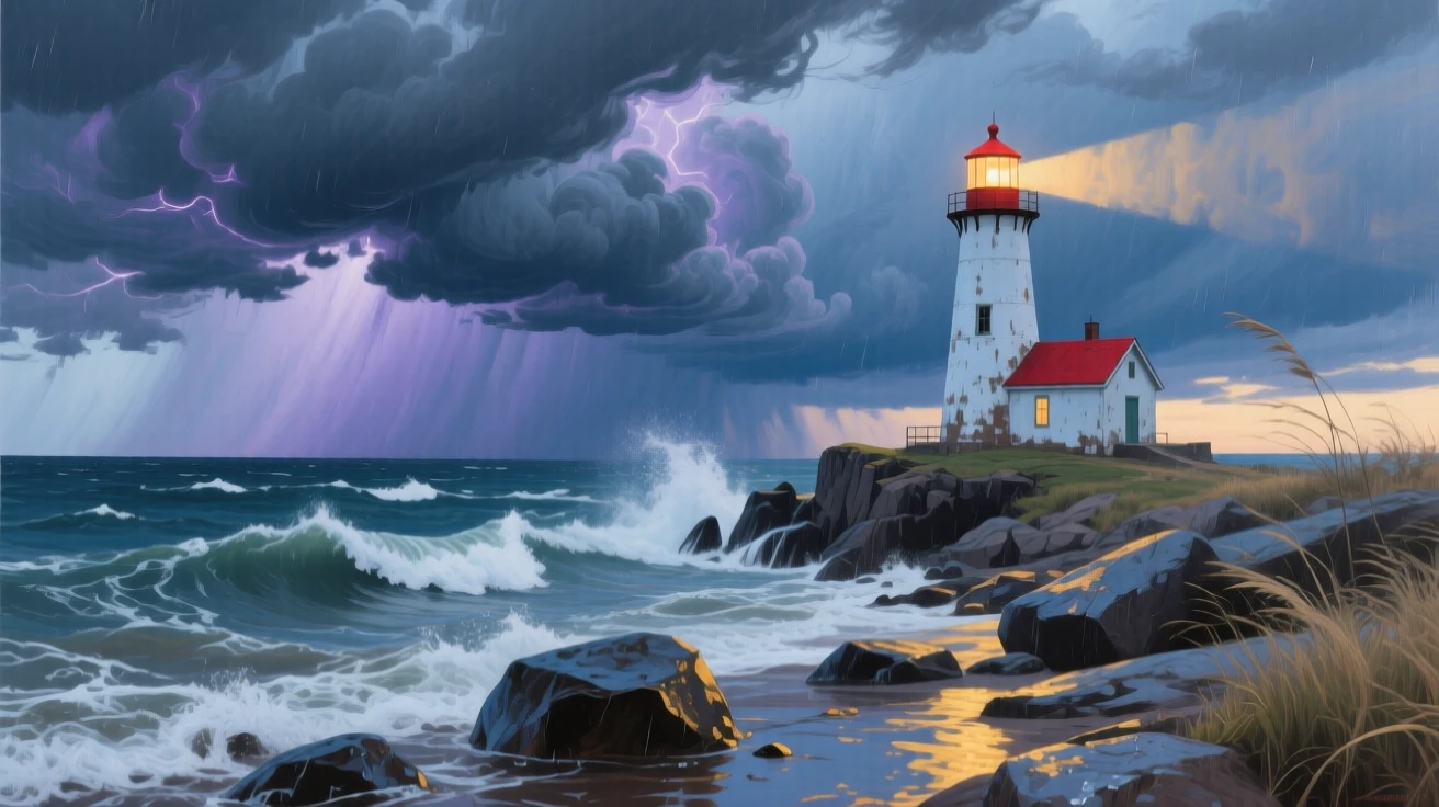 A dramatic squall line approaches a lighthouse on the Great Lakes, whitecaps building on the water beneath a rapidly darkening sky, the changing light gradually shifting the mood of the landscape from moment to moment.