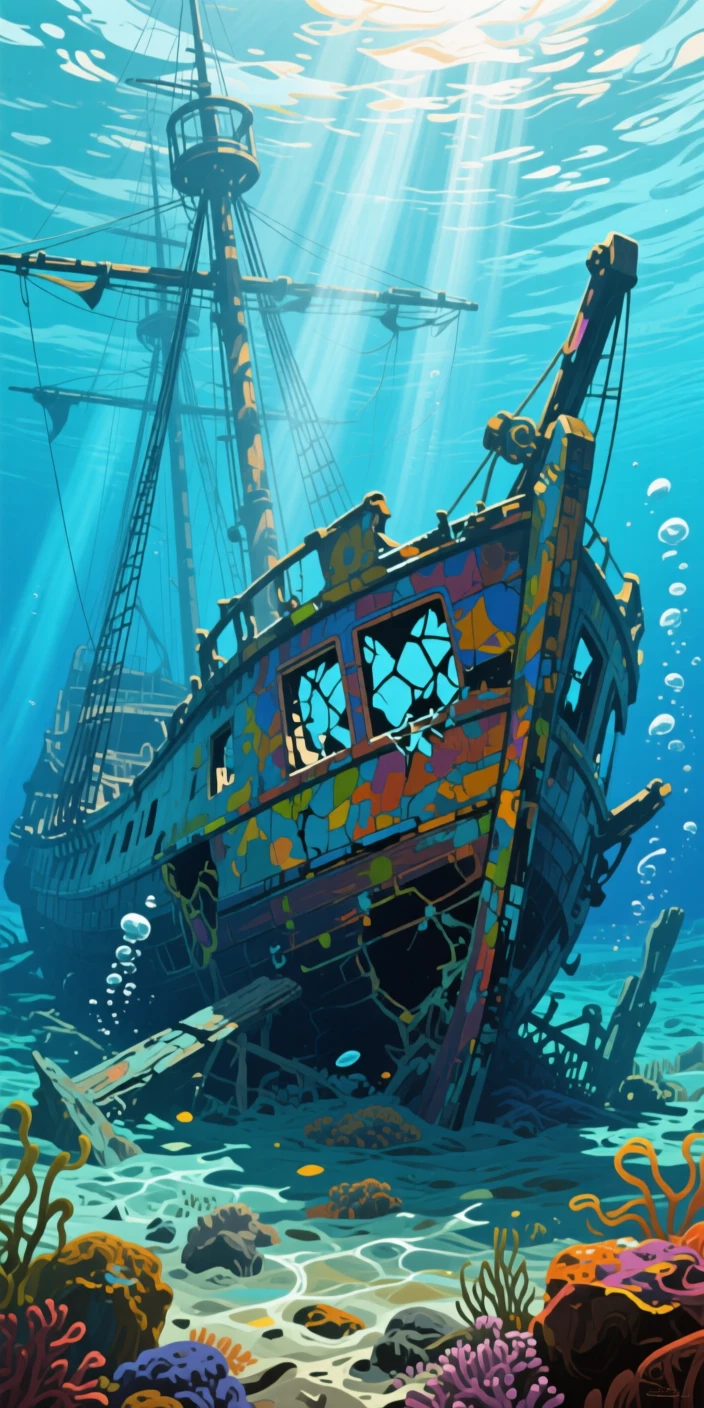 A shipwreck resting on the ocean floor, sunlight filtering down through the hull's broken windows