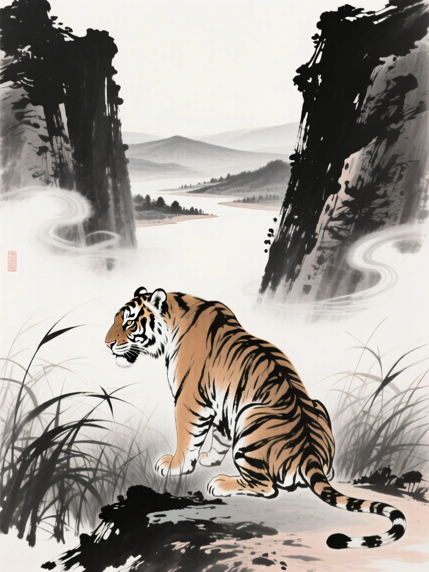 A tiger crouches low in tall grass, watching the valley below, as mist curls low around the surrounding cliffs.