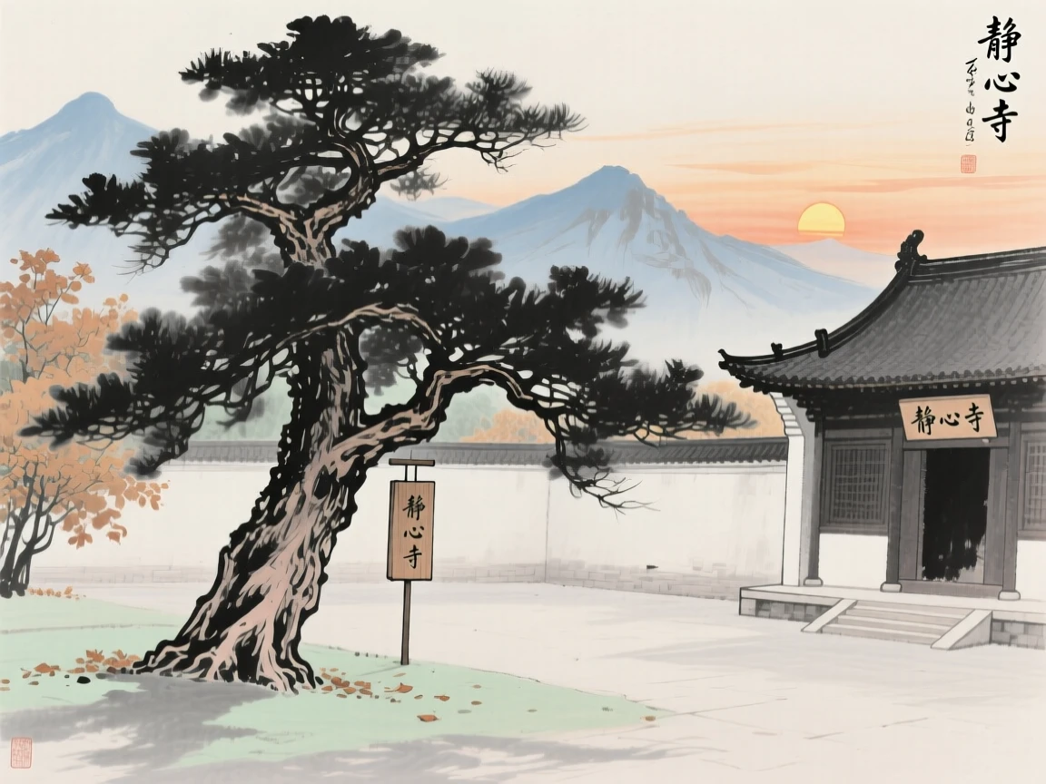 A temple courtyard shaded by a single ancient cypress, as the sun sets behind distant peaks, at the turn of autumn.
