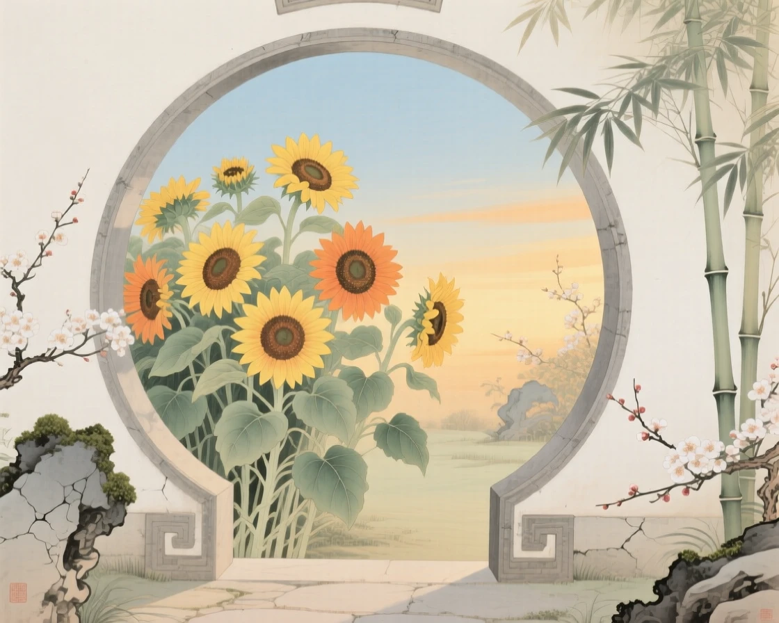 Sunflowers turning toward the afternoon light framed by a moon gate entrance