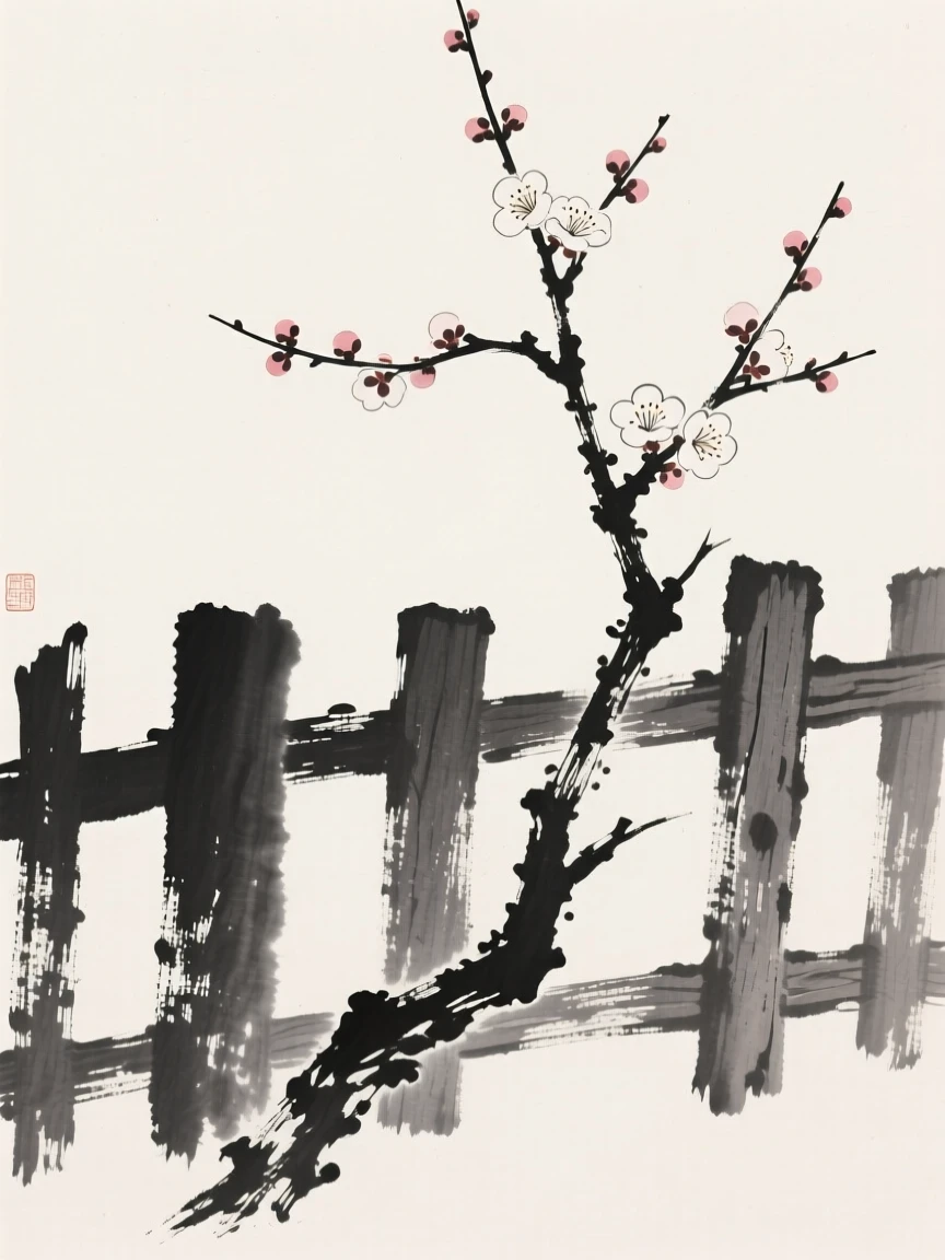 A single plum blossom branch beside a weathered wooden fence, rendered in close, intimate detail, evoking quiet elegance and simple grace.