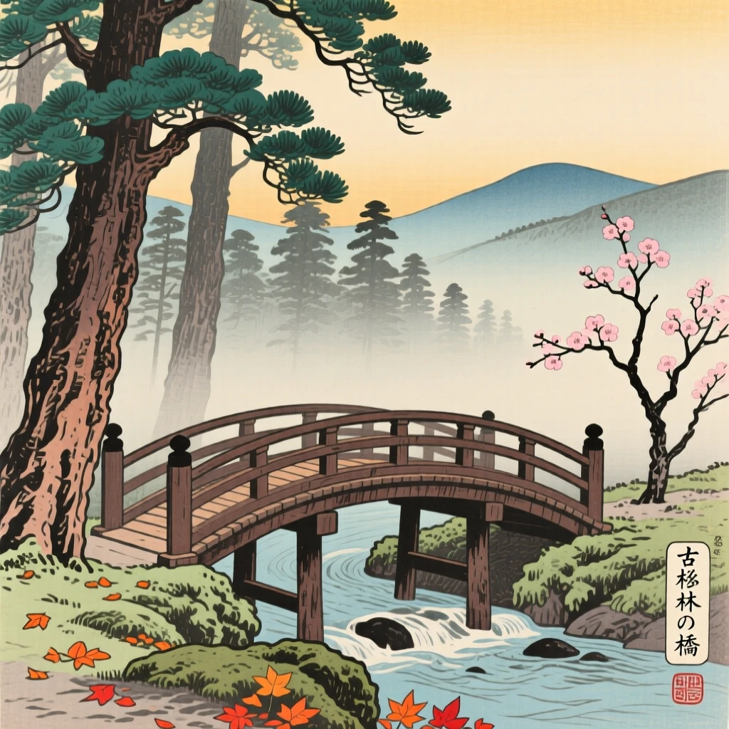 An ancient cedar forest, crossed by a simple wooden footbridge.