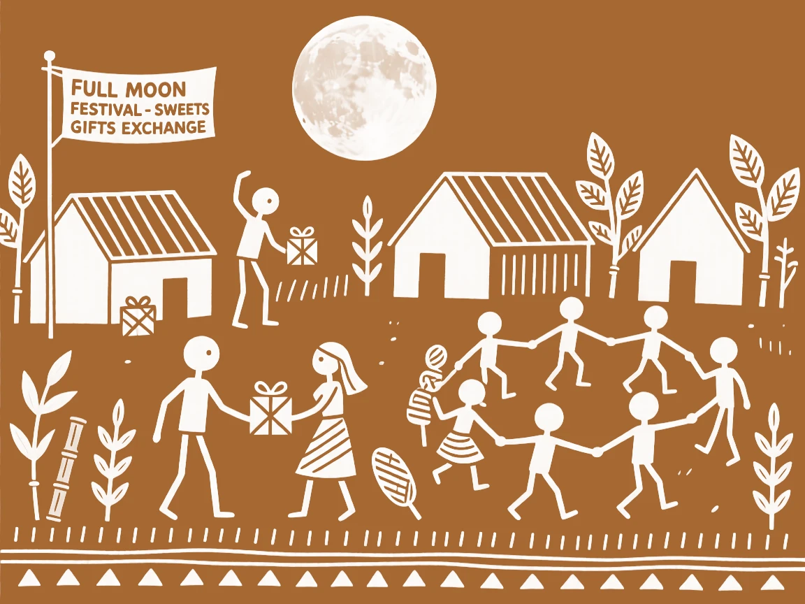 A full moon celebration celebrated as villagers exchange sweets and gifts.