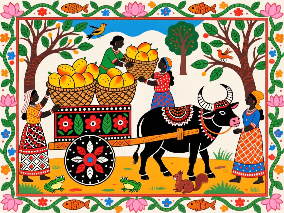 Villagers loading a bullock cart with baskets of ripe mangoes.