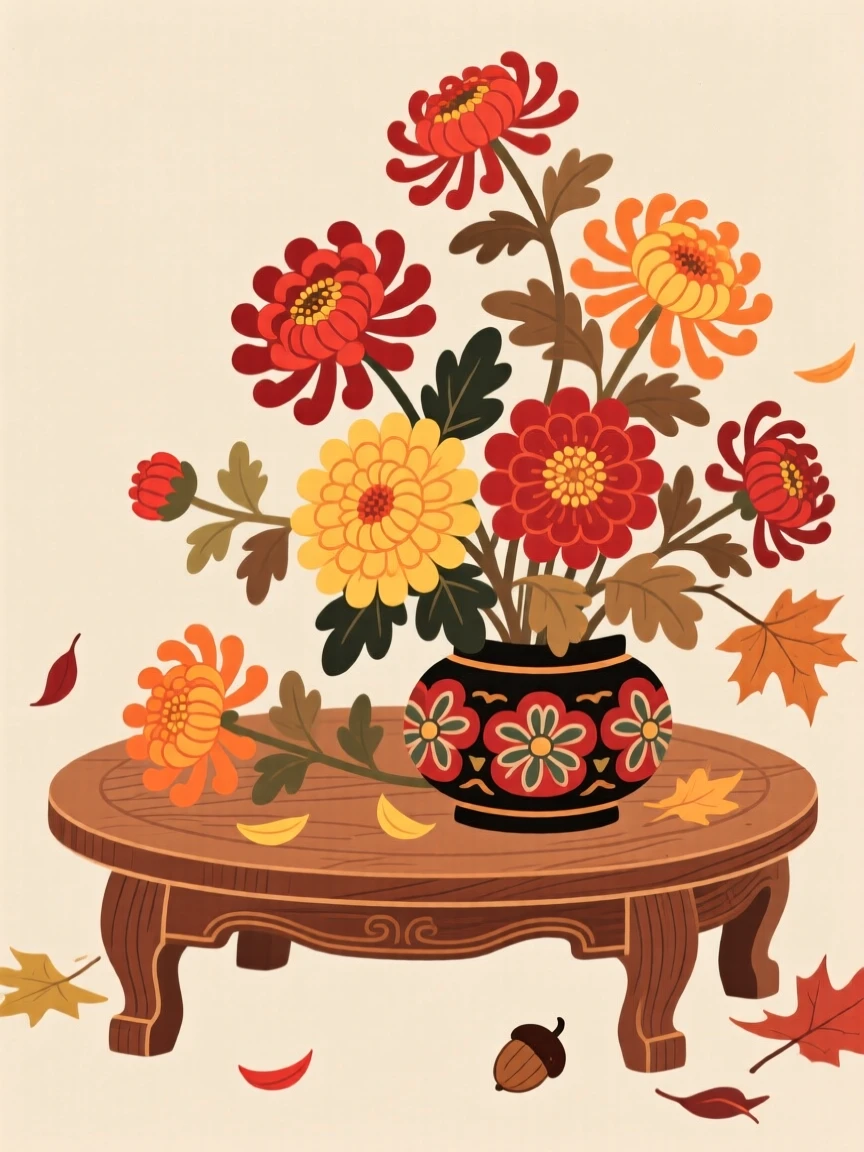 A still arrangement of chrysanthemums in autumn colors scattered across a low wooden table.