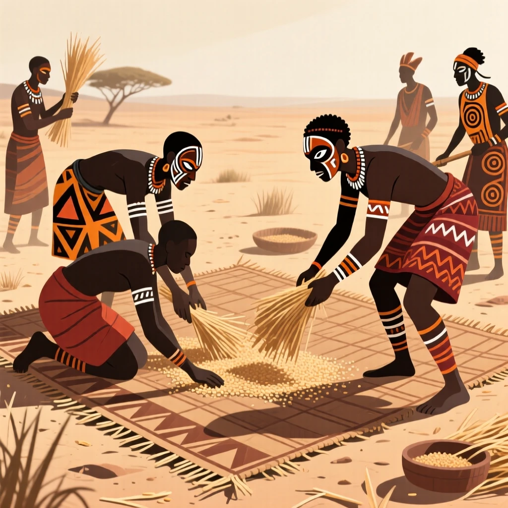 Villagers threshing grain on a wide open mat on a warm and dusty afternoon.