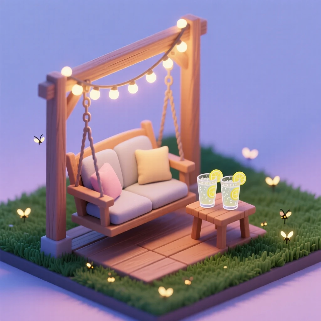 A porch swing scene at dusk, string lights glowing above, lemonade glasses sweating with condensation, and fireflies rising from the lawn below.