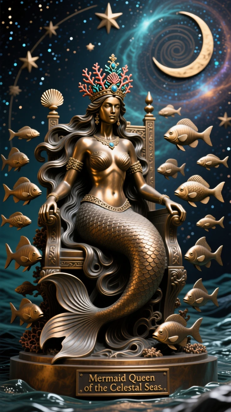 A mermaid queen surrounded by a court of fish, set against a vast celestial backdrop, radiating awe and grandeur