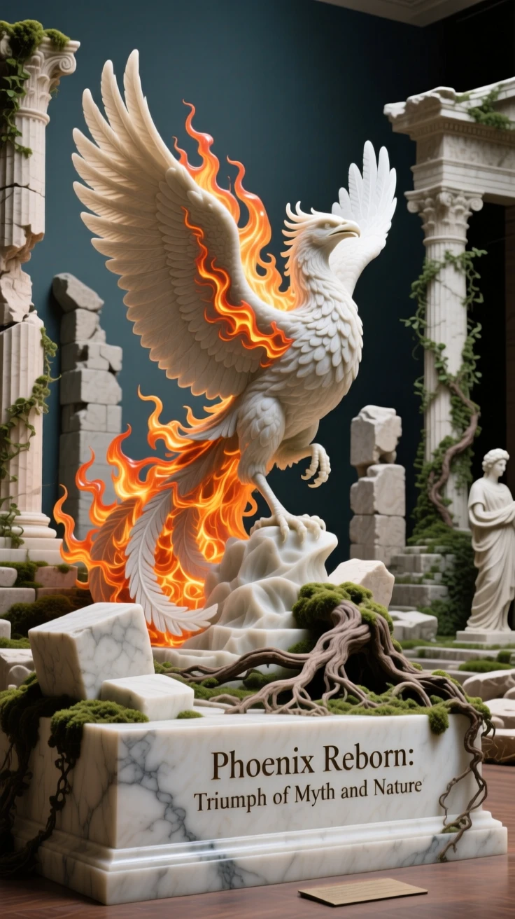An epic scene of a phoenix bursting into flame and rebirth, amid ancient ruins reclaimed by nature, evoking myth and grandeur