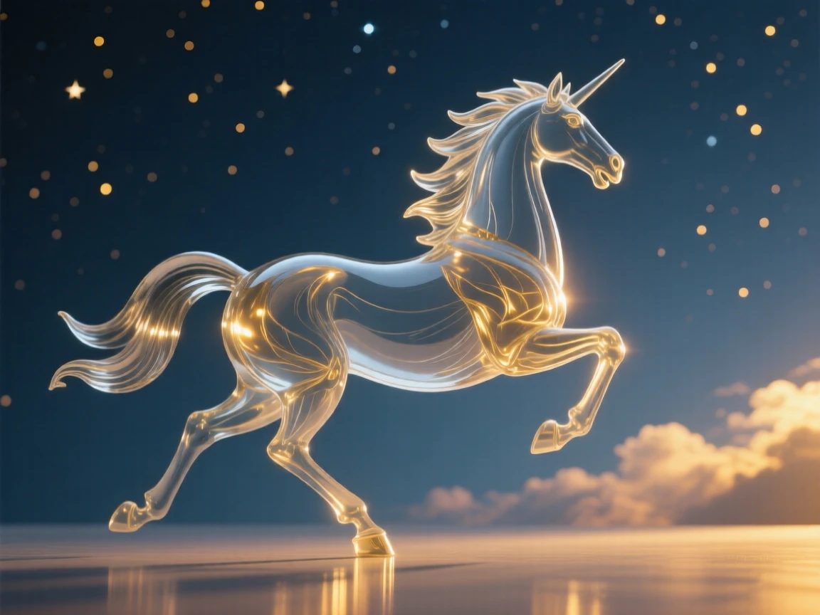 A pegasus galloping through a starlit sky at golden hour with warm rays breaking through the clouds, epic scale composition, inspiring a sense of wonder and hope.