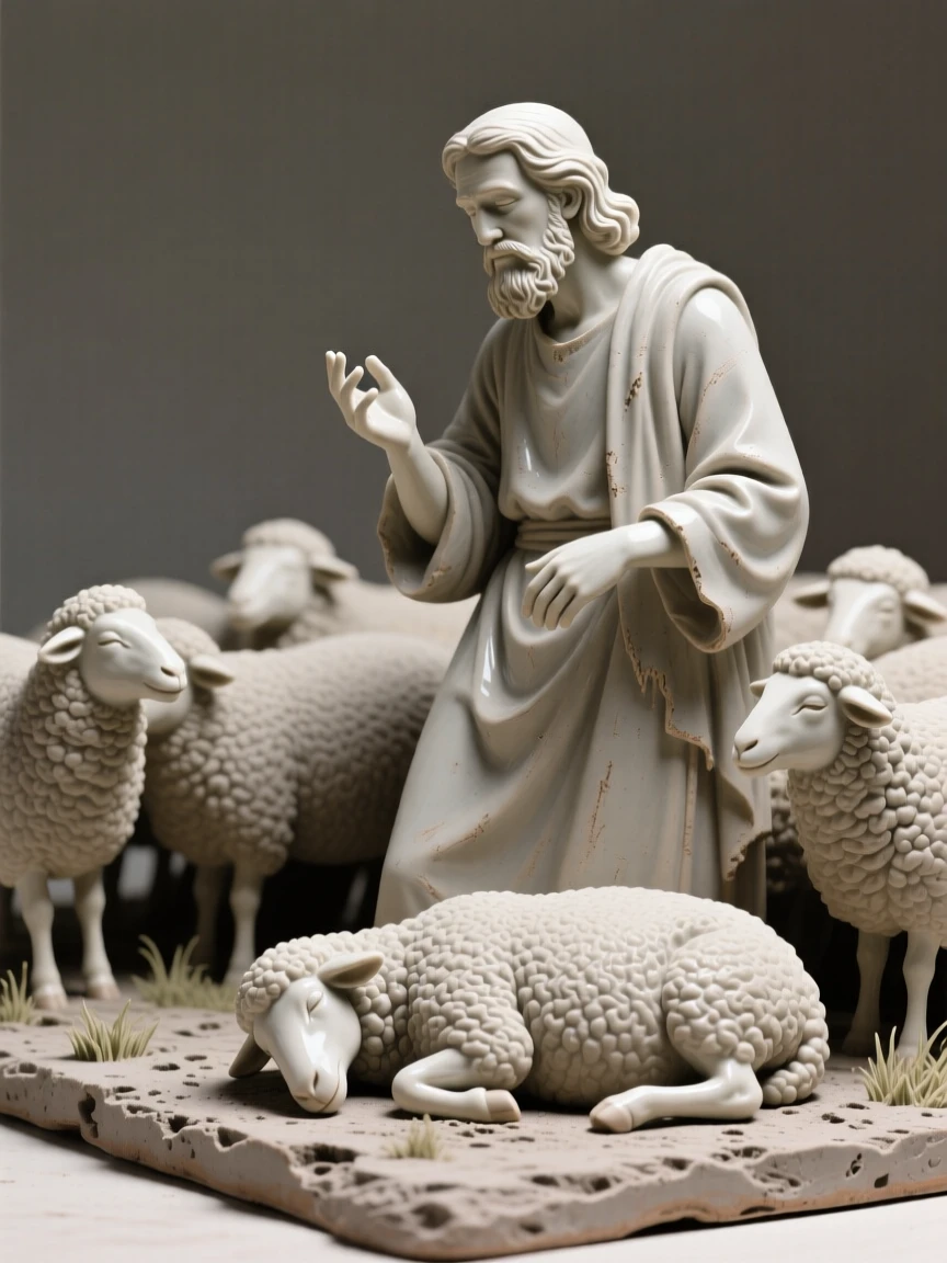 A shepherd watching over a resting flock caught in an intimate, unguarded moment, with expressive hands mid-gesture, conveying quiet dignity and timeless beauty.
