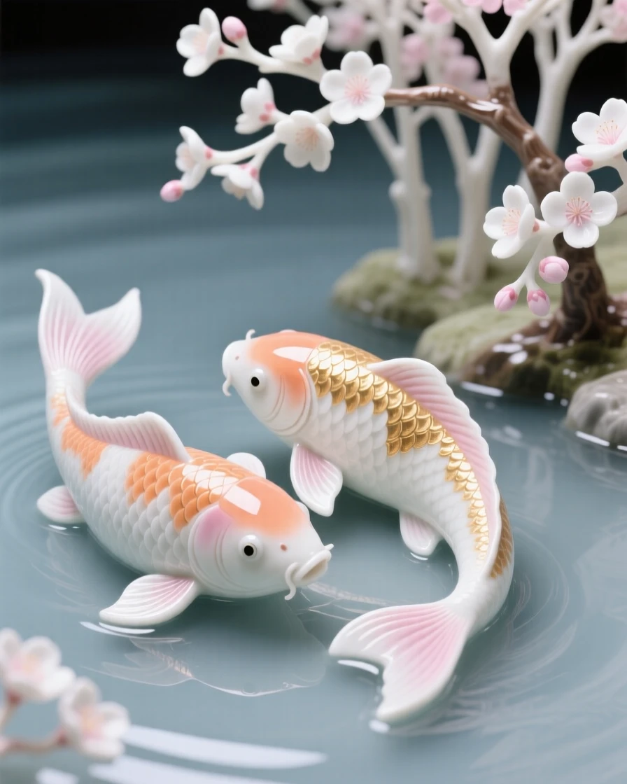 A pair of koi fish gliding together across a still pond beside a cherry blossom grove.