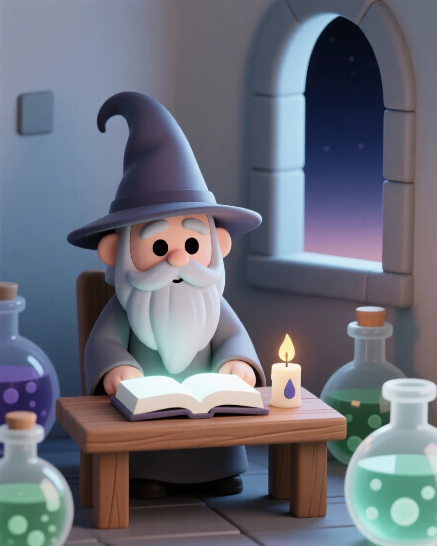 A wise old wizard with a long silver beard studies a glowing spellbook by candlelight in a tower filled with bubbling potions.