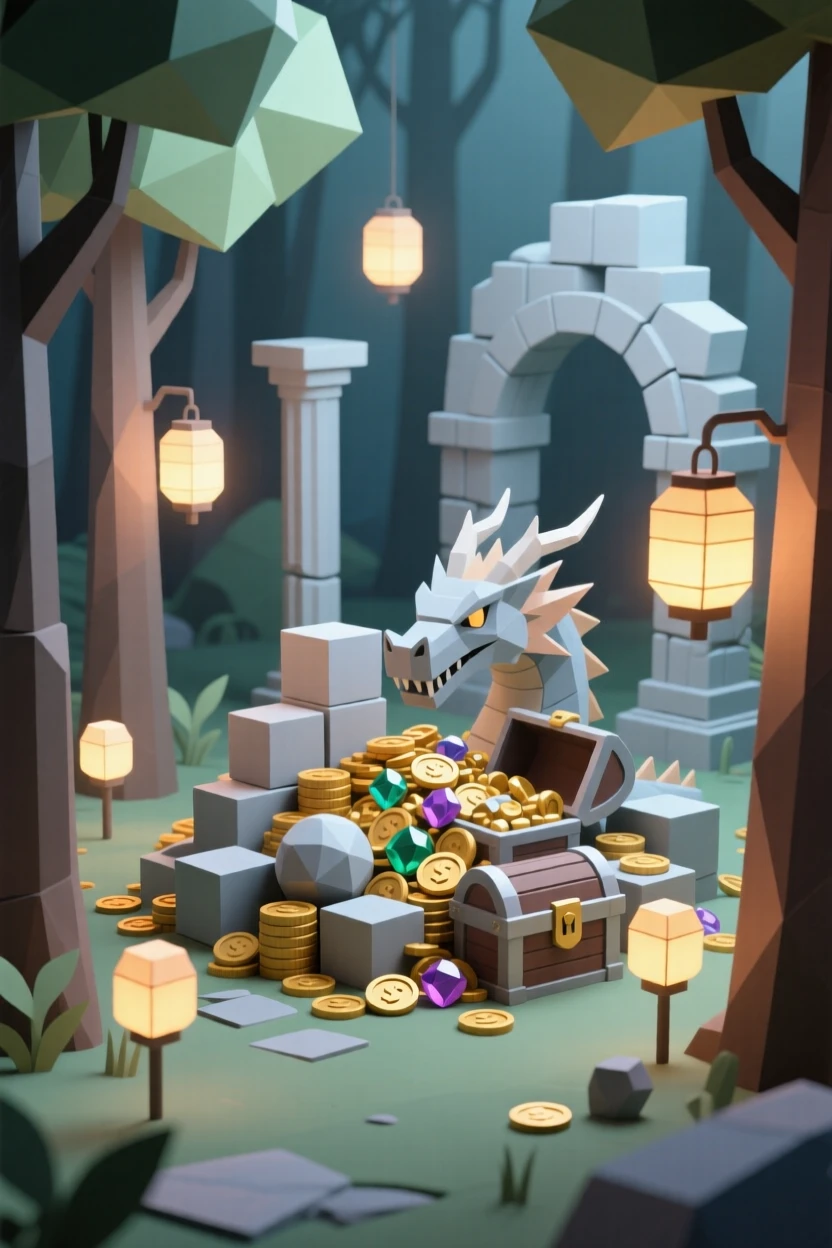 A dragon's hoard of glittering treasure, within a forest lit by floating lanterns. intricate details enrich the ancient architecture. It radiates a feeling of legendary grandeur.
