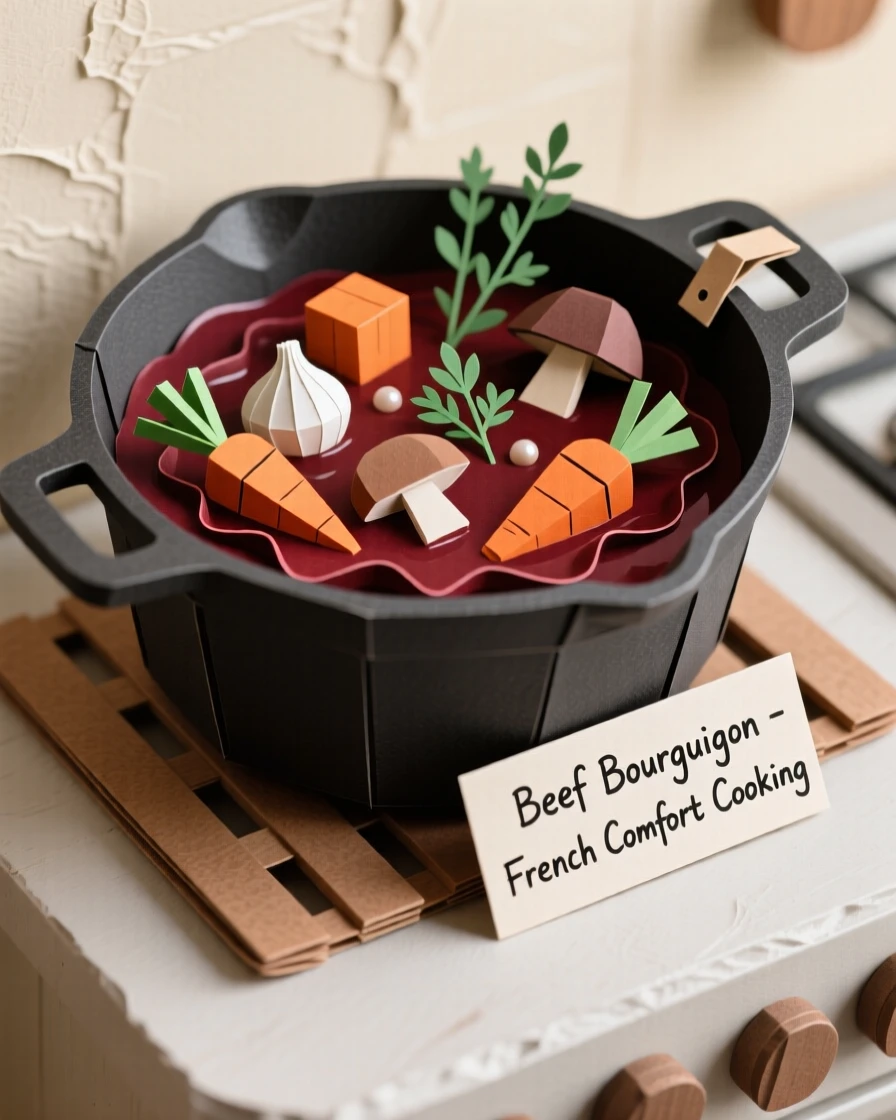 A rich beef bourguignon simmering in a cast iron pot, tender vegetables and herbs visible in the deep red sauce, evoking rustic French comfort cooking.