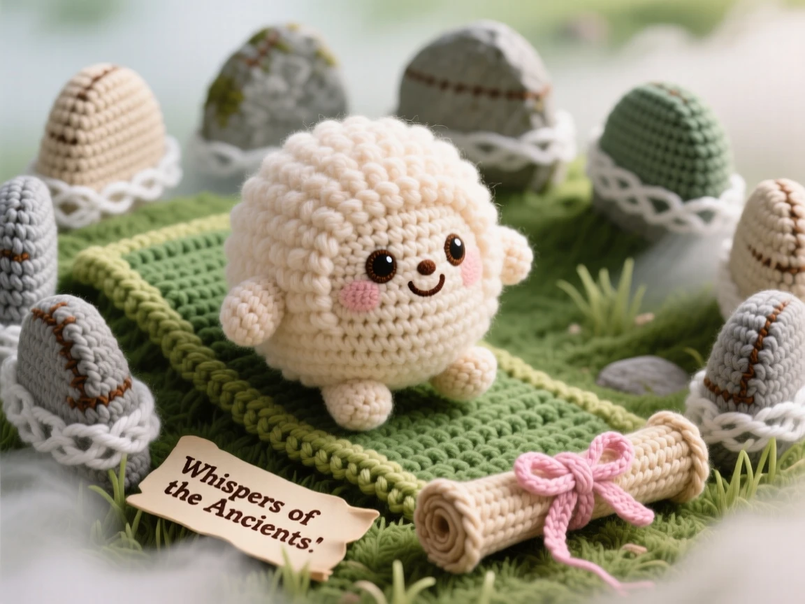 a round baby puffskein creature, covered in soft round fur, rolling happily down a grassy slope, within an ancient stone circle wrapped in soft fog, near a tiny scroll tied with a ribbon, radiating dreamy tranquility under a magical sky.