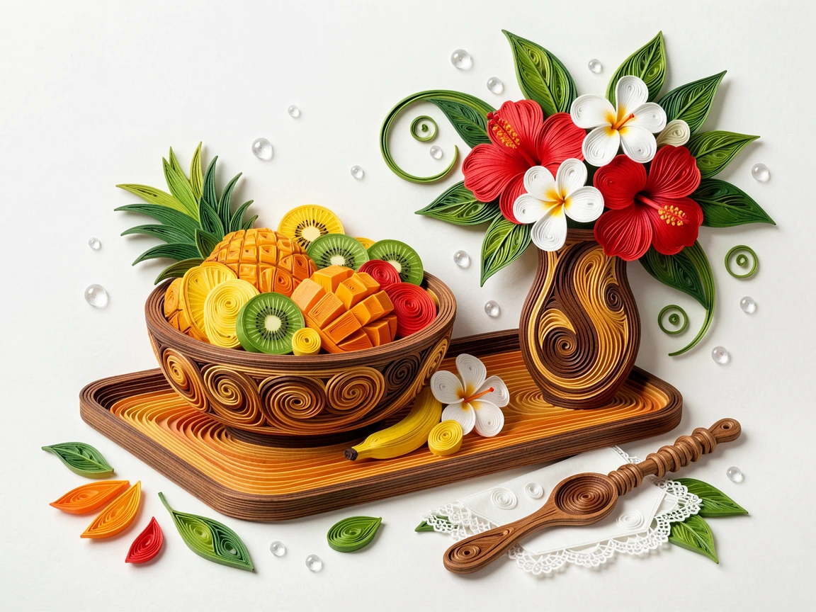 a wooden bowl piled high with fresh tropical fruit, on a wooden tray beside a vase of fresh flowers, arranged with complementary props scattered around, with glistening droplets of morning dew.
