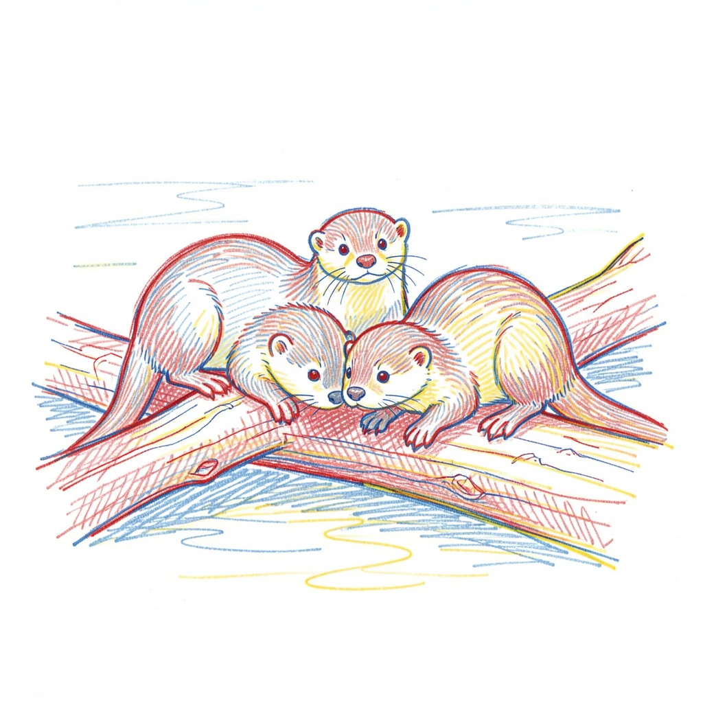 A family of otters resting together on a partially submerged log