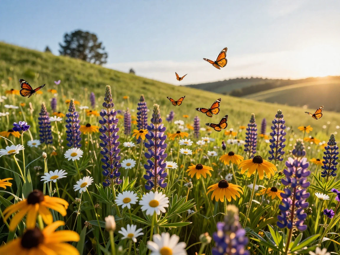 A meadow of wildflowers with butterflies fluttering above