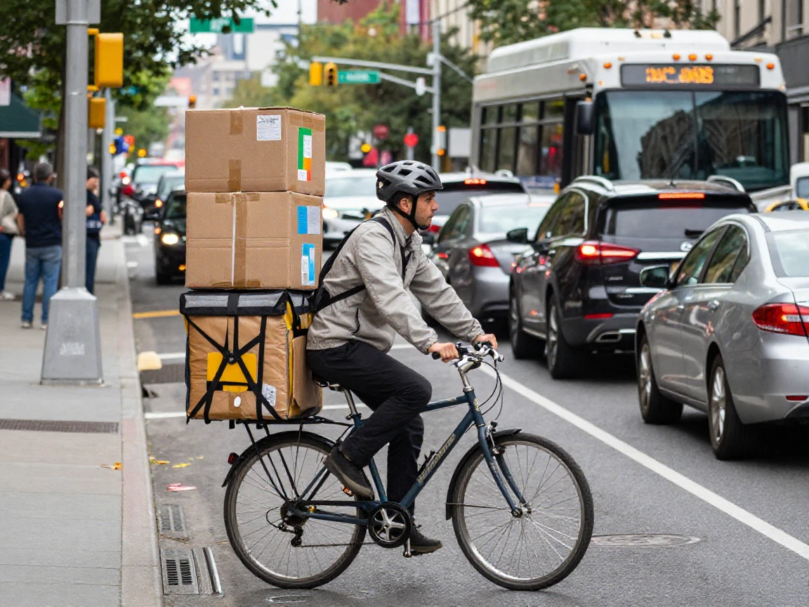 A courier on a bicycle threads through gridlocked traffic with a tall stack of delivery boxes.
