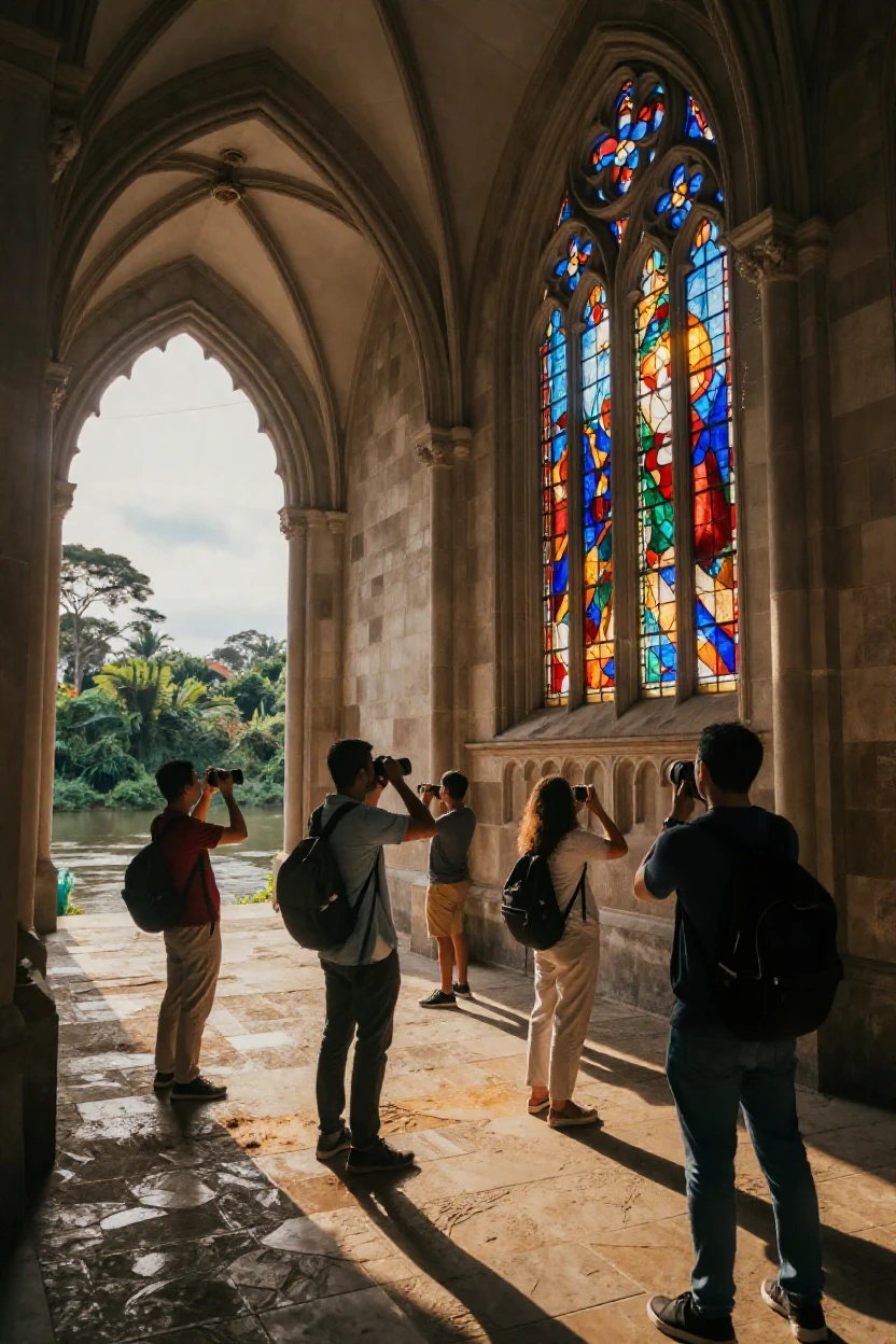 Travelers exploring a grand cathedral with towering stained glass windows beside a winding river in South America