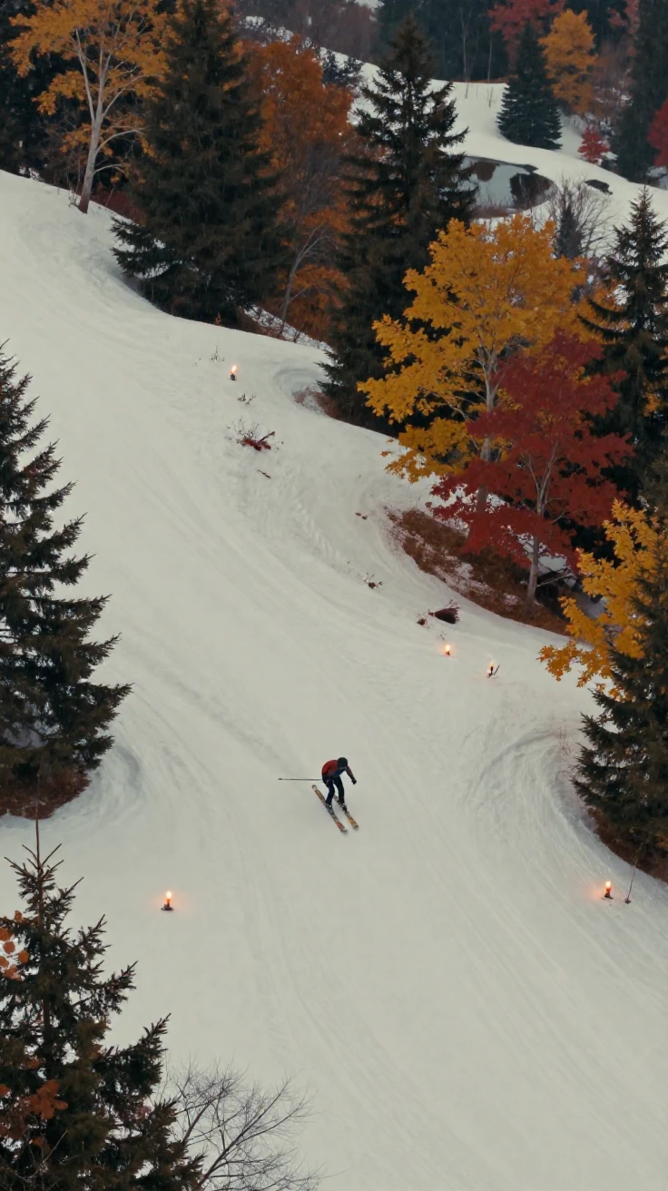 A skier carving fresh tracks down a powdery slope, under flickering candlelight, just after a rain shower, with puddles reflecting the sky, as autumn leaves turn gold and red, with deep emerald greens and browns, shot from directly overhead.