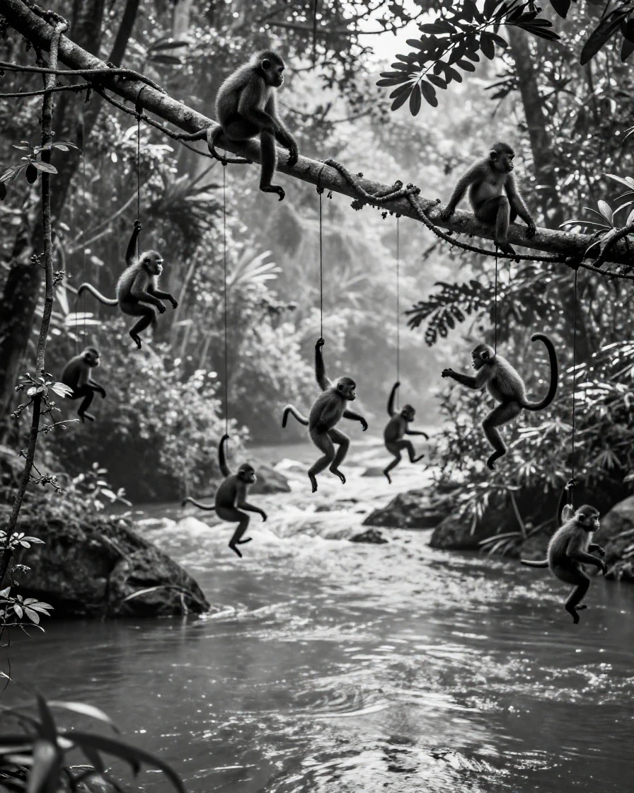 A troop of monkeys swings between jungle vines above a winding jungle river.