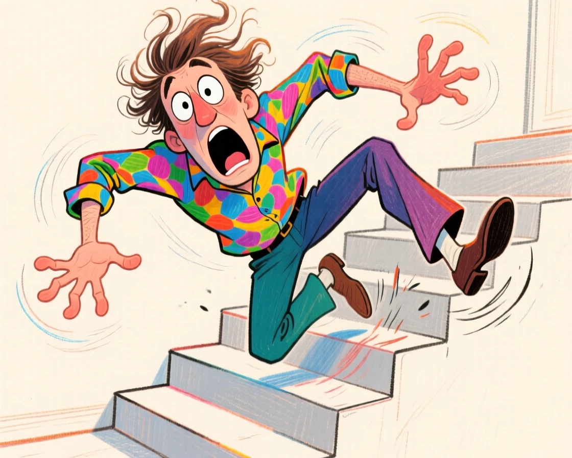 A man mid-fall down a few stairs, arms windmilling for balance.