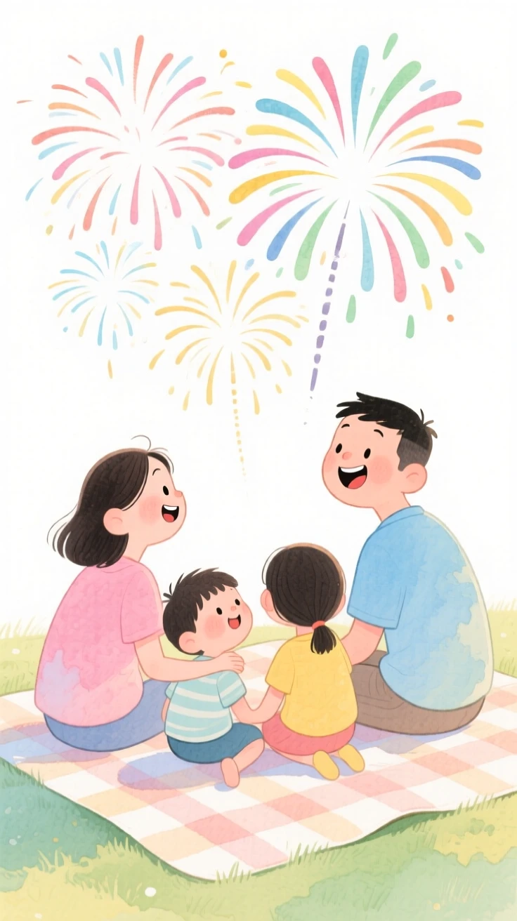 A family of four watching fireworks together on a picnic blanket