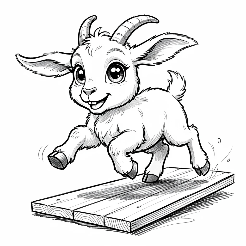 [Cute Animals & Pets] Adorable scene of a curious baby goat hopping around on a wooden platform, bursting with charm and playful energy