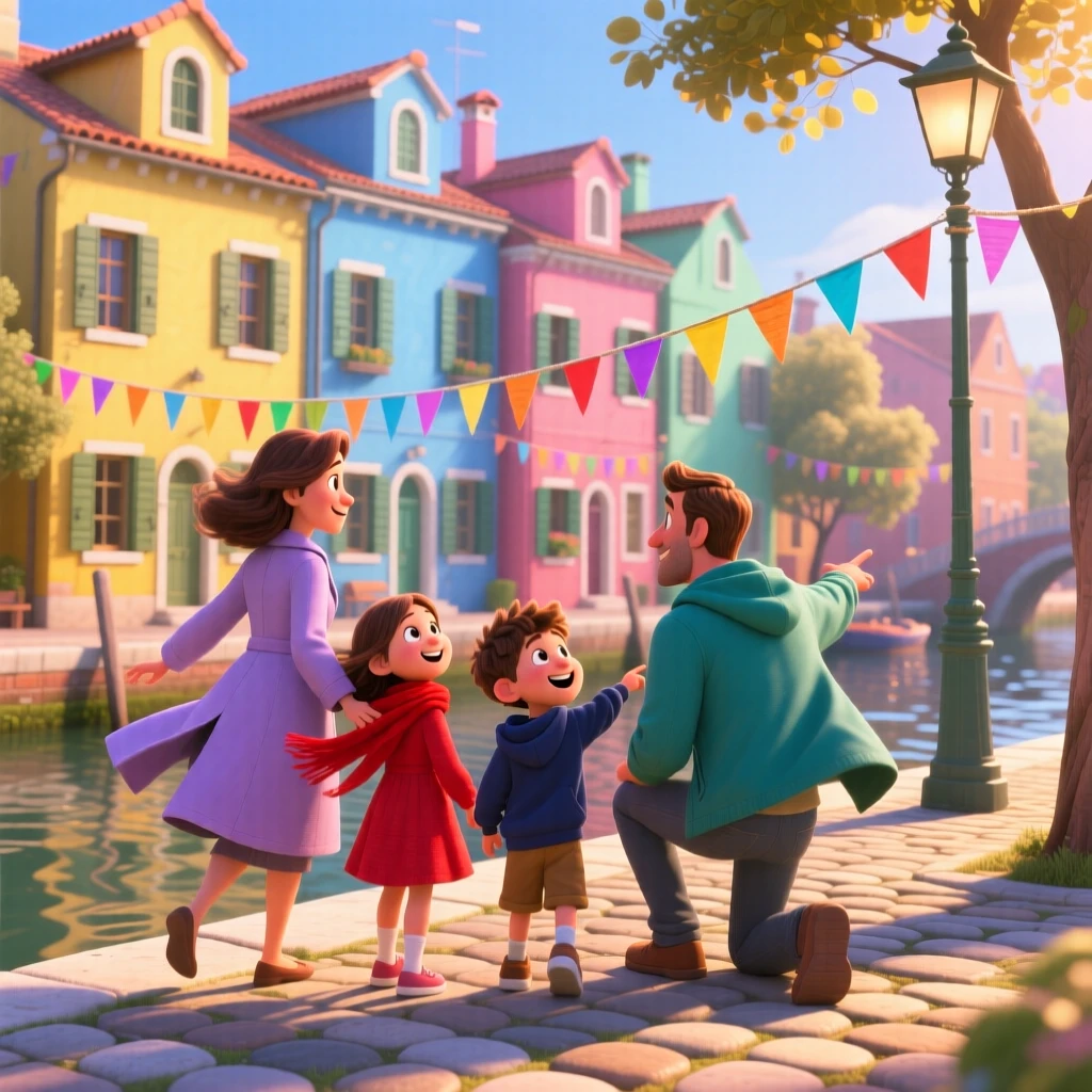A family taking in the view stands standing before a row of colorful canal houses, letting the wind catch their jacket. The mood is adventurous, peaceful, and awe-inspiring, with colorful flags fluttering nearby.