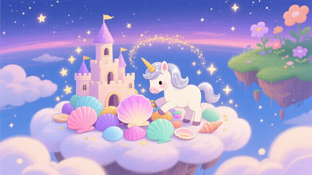 Deep within a floating island in the clouds, a unicorn foal spends the evening building a castle out of seashells, as sparkling magic dust drifts through the air.