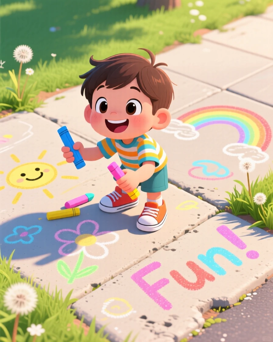 A child drawing with chalk on a sunny sidewalk.
