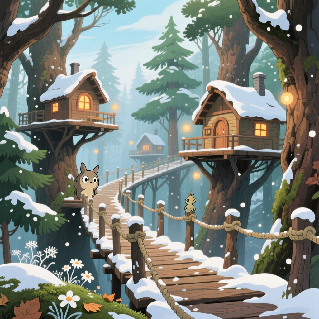 A charming view of a treetop walkway connecting several small wooden cabins, dusted lightly with fresh snow.