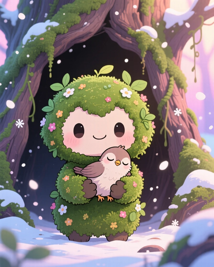 Symmetrical front-on view: a moss-covered forest guardian, cradling a sleeping baby bird, set against an ancient mossy tree hollow during a cozy winter snowfall, with soft pastel light of dawn and a mood of giggling amusement.