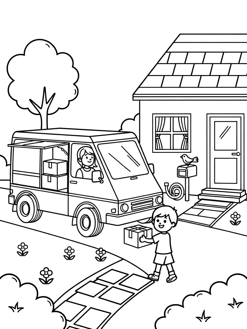 A delivery van dropping off packages at a house